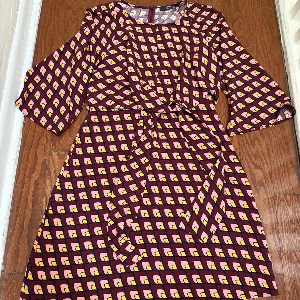 Retro‎ Halogen Burgandy, Yellow, Pink, Geometric Tie Waist  Mini Dress